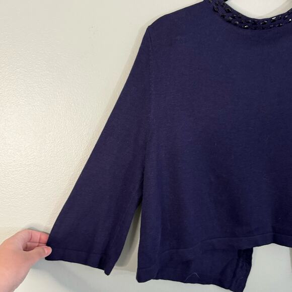 ALFANI Cardigan Womens M Wool Blend Embellished Beaded Party Cropped Navy Blue - Picture 4 of 7